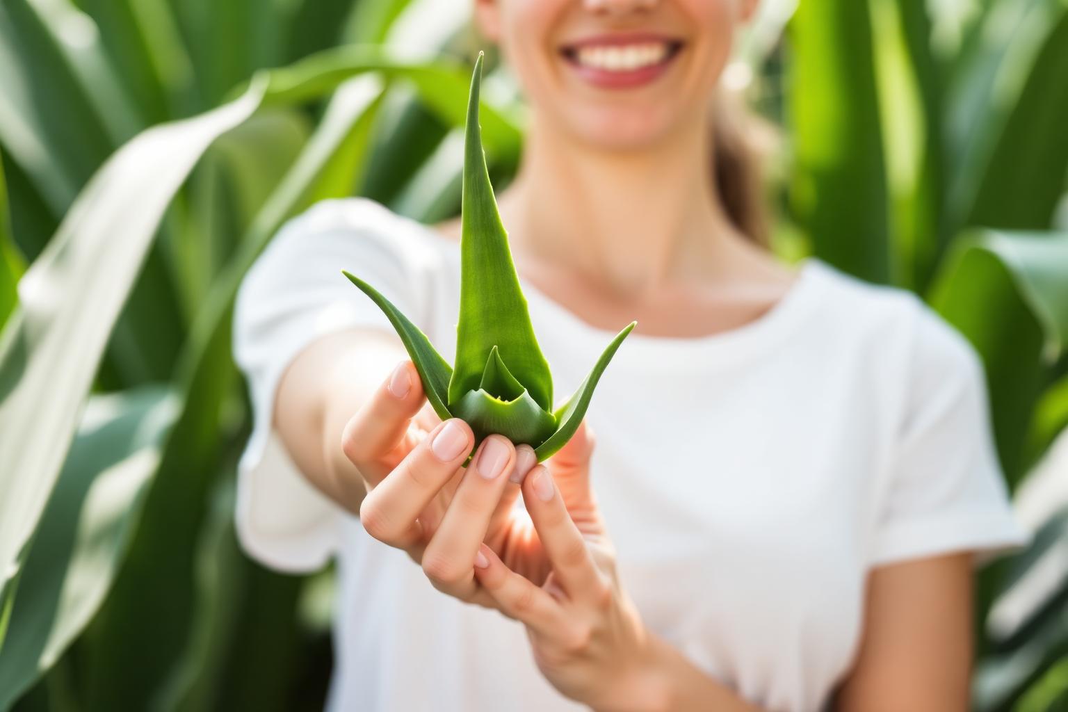 Wellness lifestyle — woman holding fresh aloe vera leaf