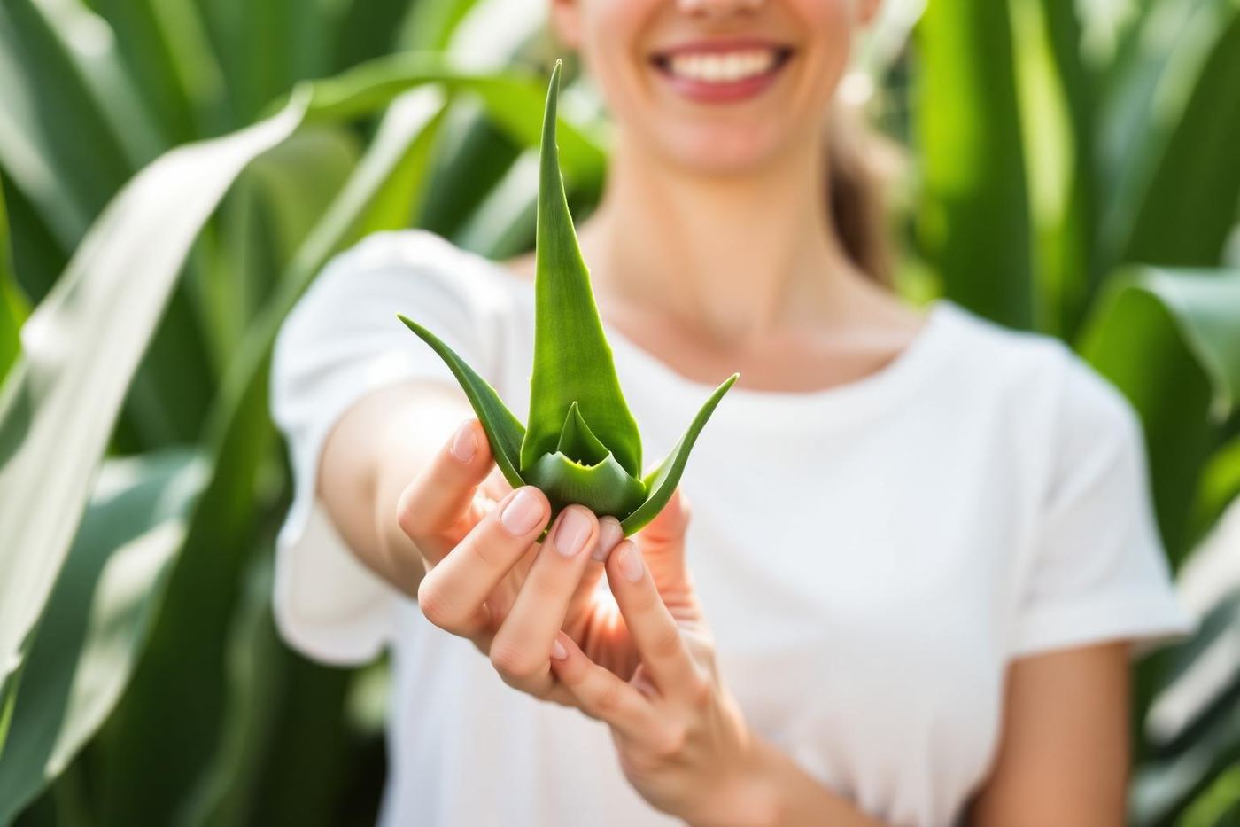 Wellness lifestyle — woman holding fresh aloe vera leaf