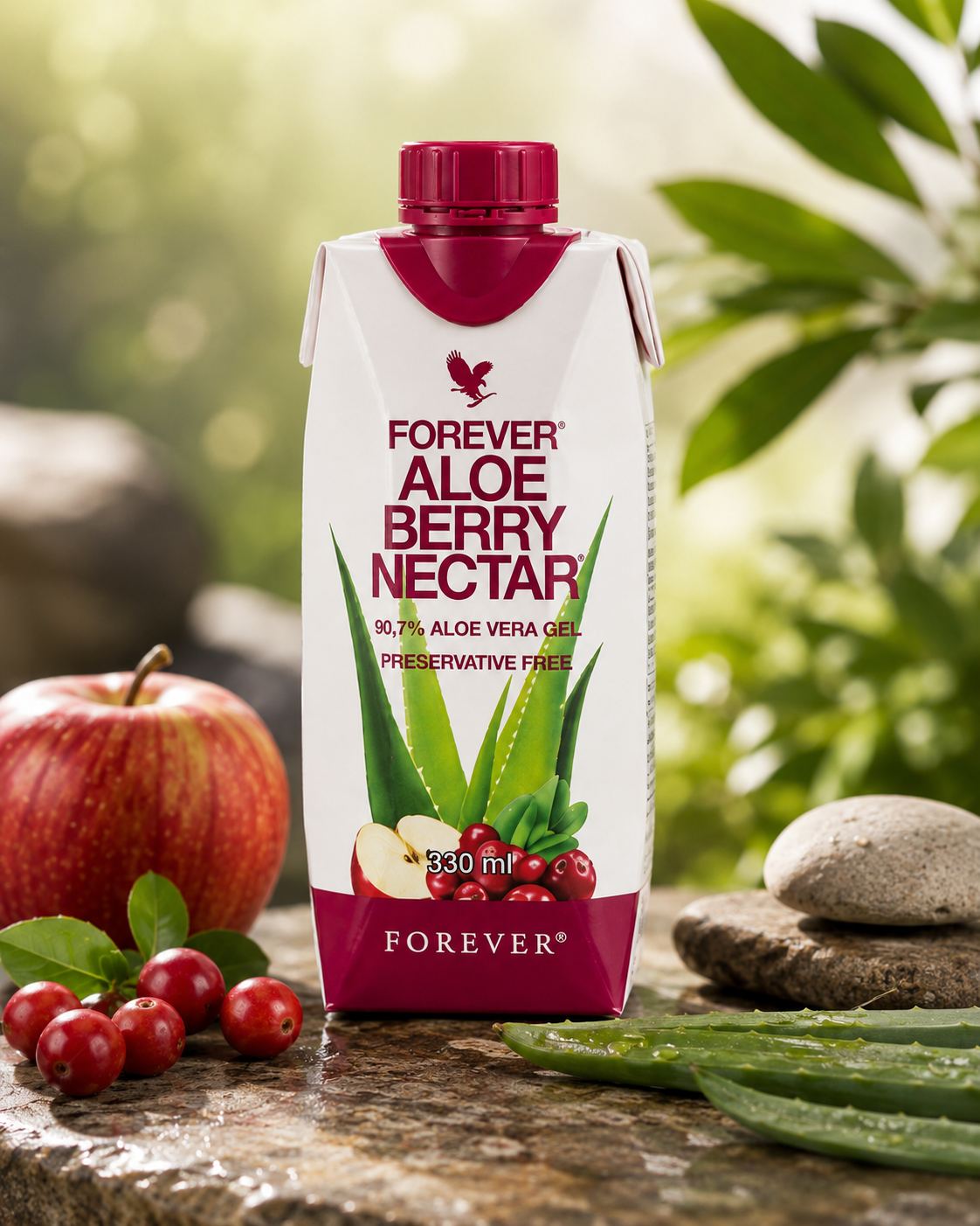 Forever Aloe Berry Nectar 330ml carton with apple and cranberries on stone