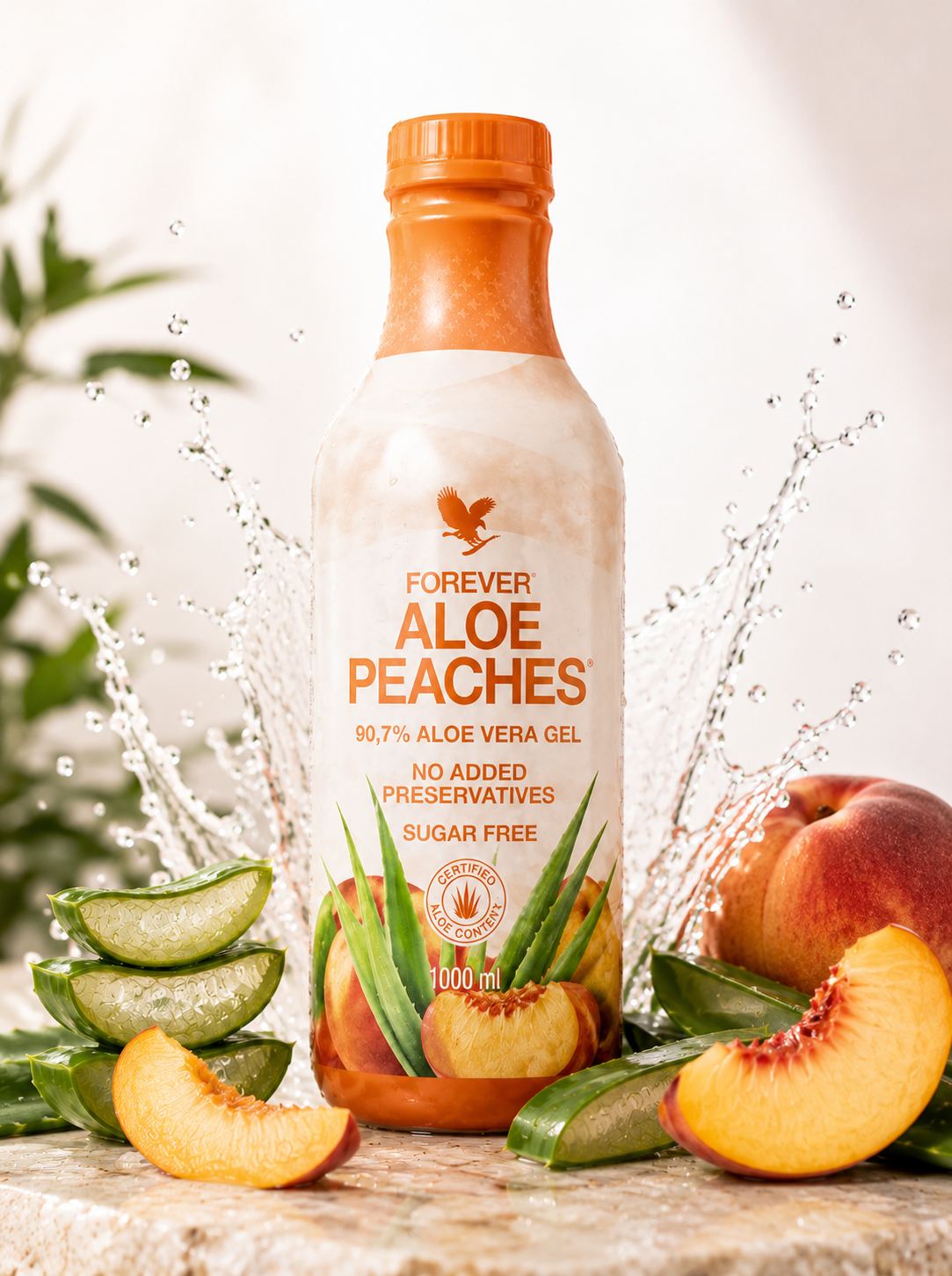 Forever Aloe Peaches 1L bottle with peach slices and water splashes