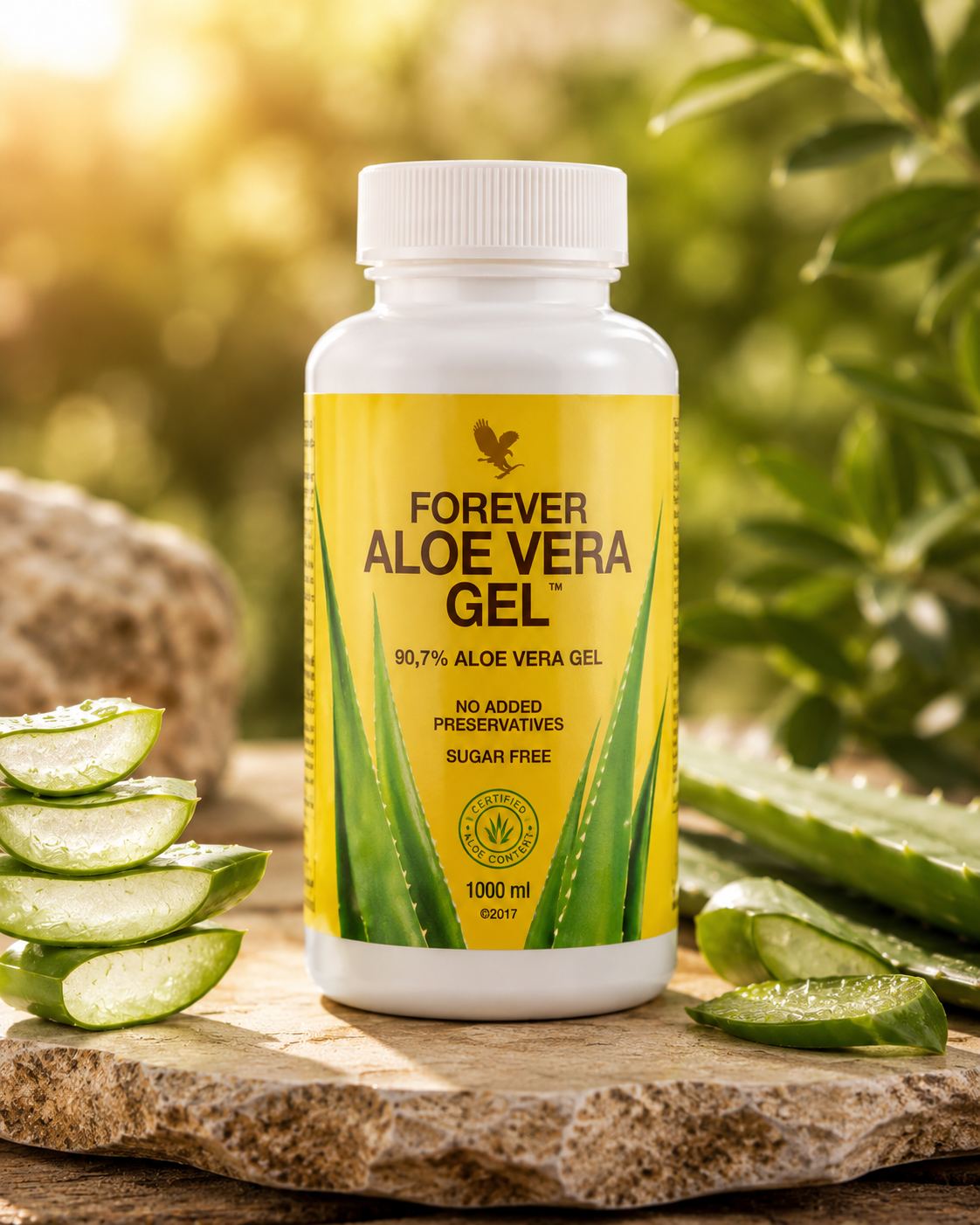 Forever Aloe Vera Gel classic white bottle with aloe leaves on stone