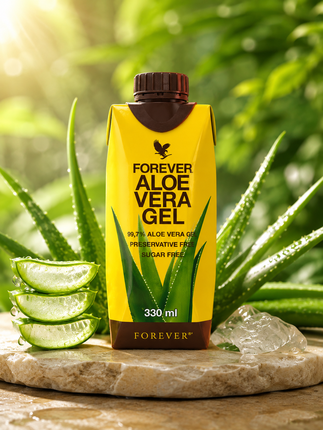 Forever Aloe Vera Gel 330ml carton with fresh aloe leaves and gel slices
