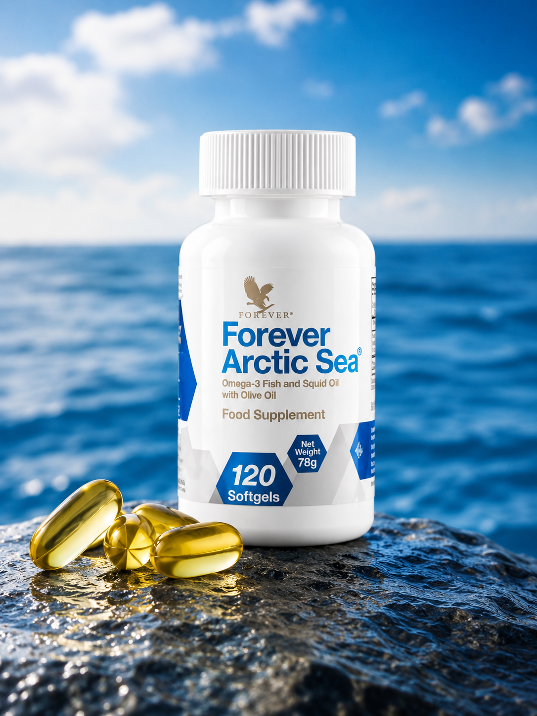 Forever Arctic Sea Omega-3 softgel bottle on rock by the ocean with golden softgels
