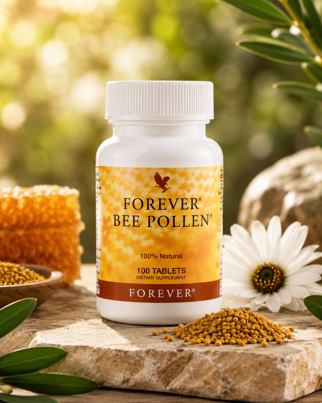 Forever Bee Pollen 100 tablets bottle with honeycomb and pollen granules