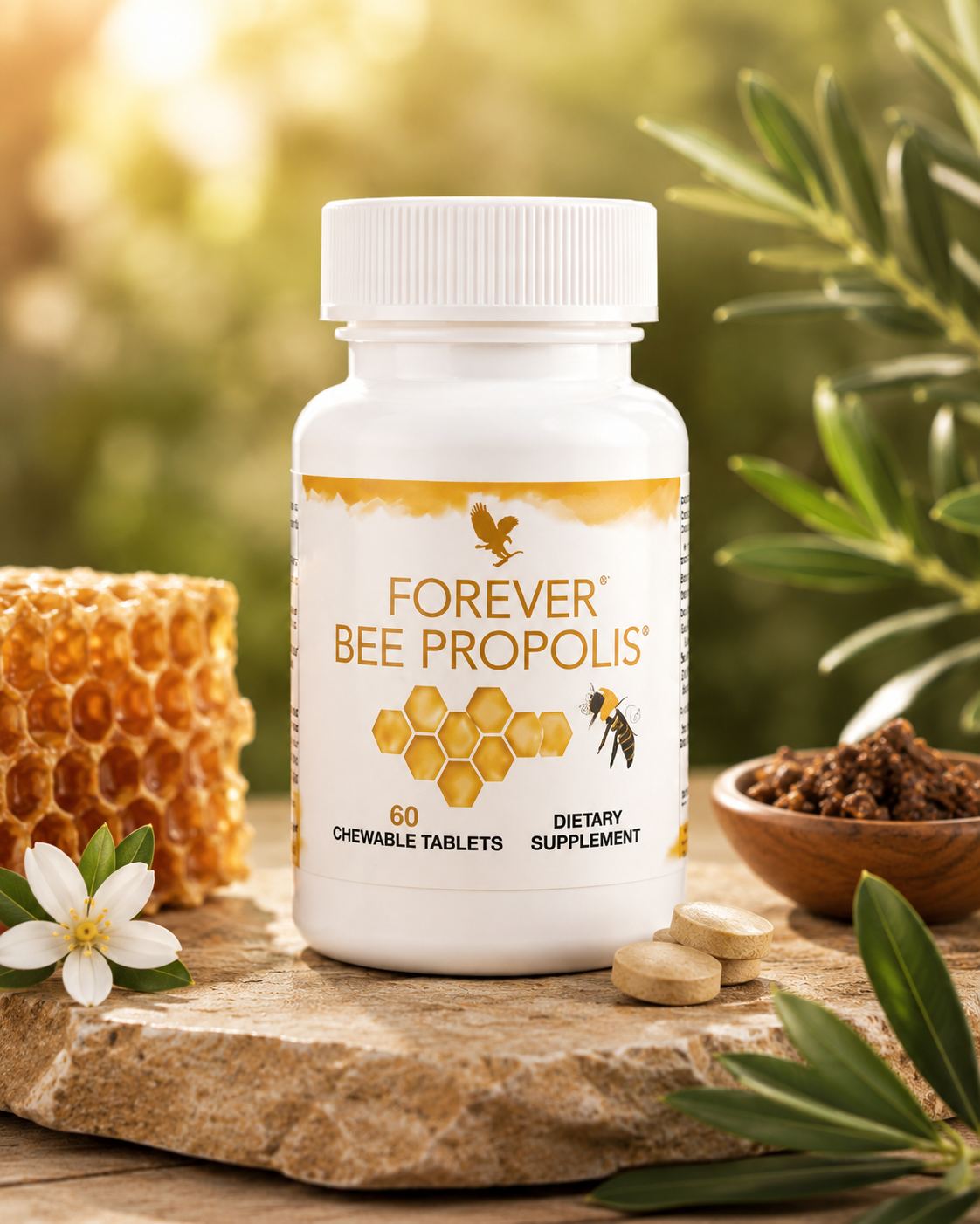 Forever Bee Propolis 60 chewable tablets bottle with honeycomb and bee illustration