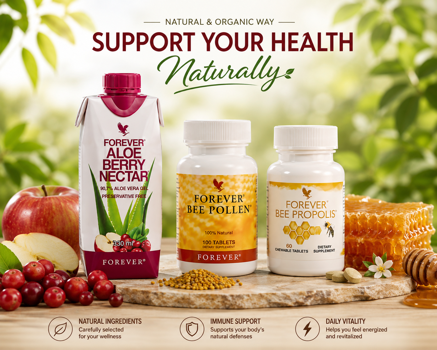 Forever Bee Pollen tablets bottle with honeycomb and natural setting