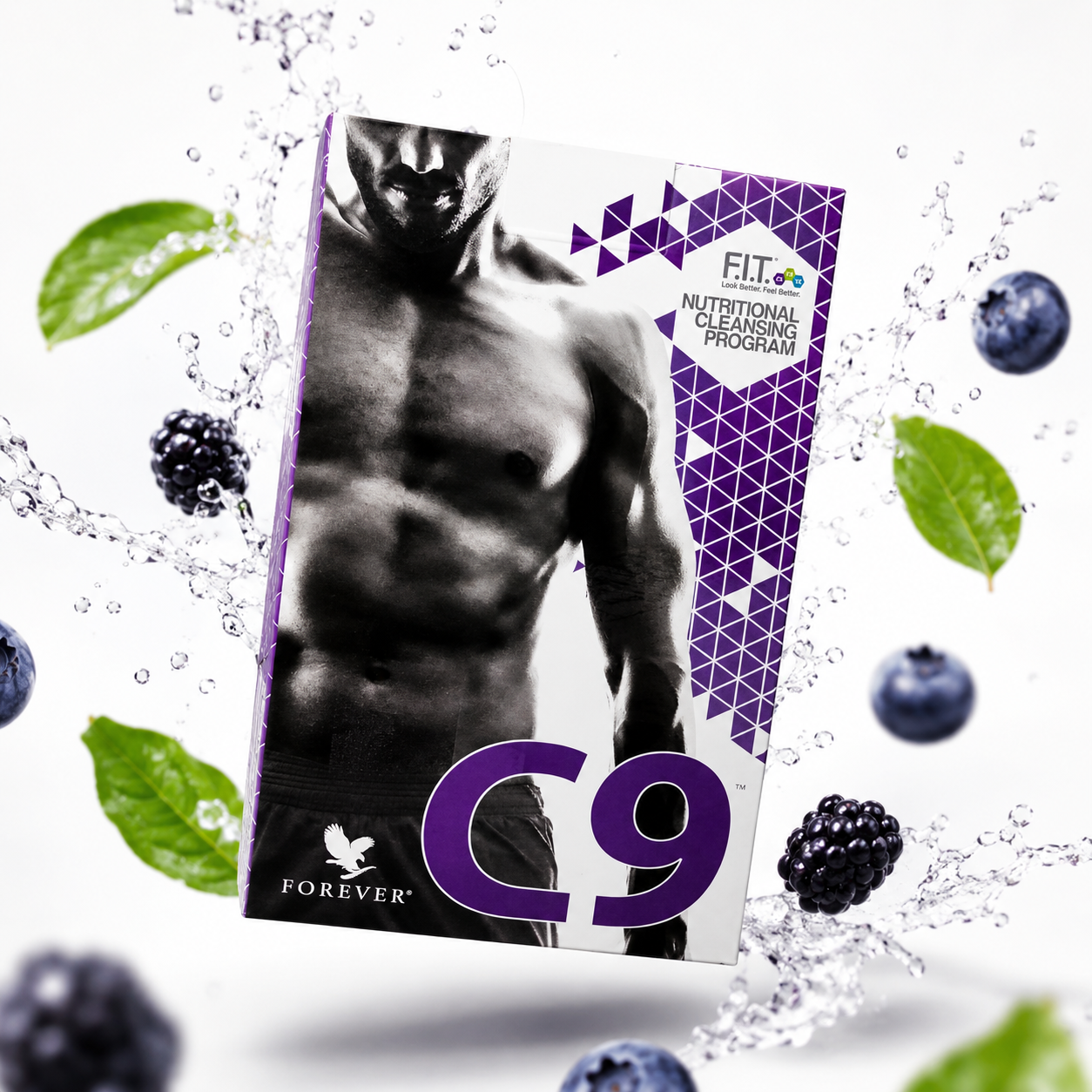 Forever C9 nutritional cleansing program box with fit male model and berries