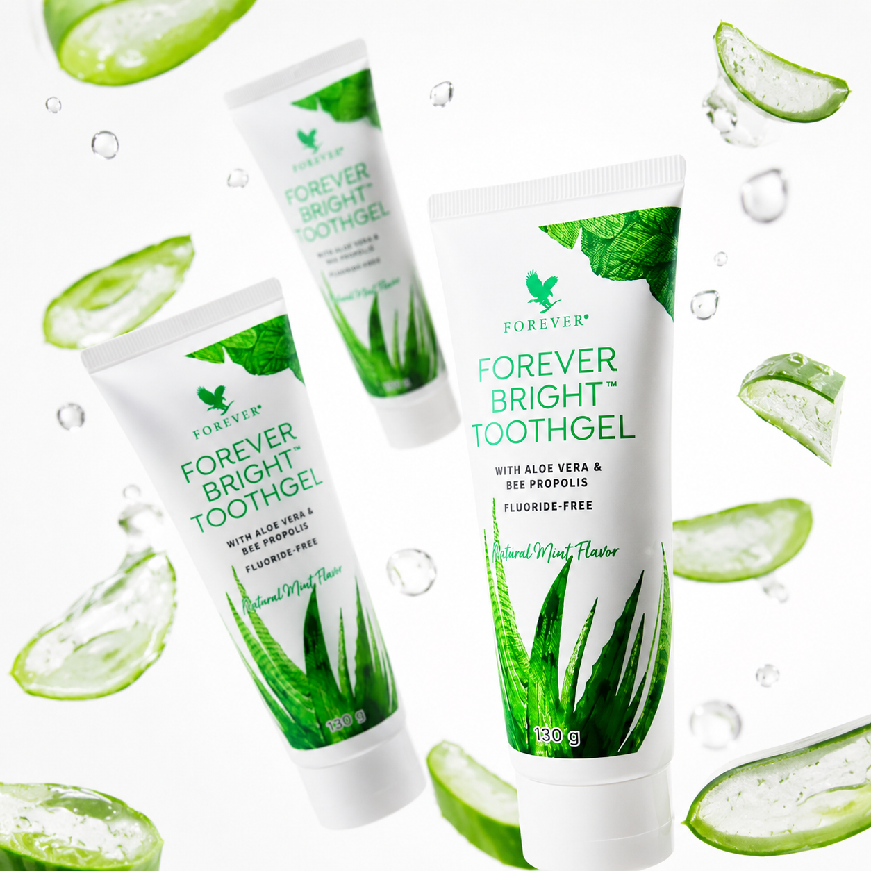 Forever Bright Toothgel tubes with aloe vera leaves and water droplets